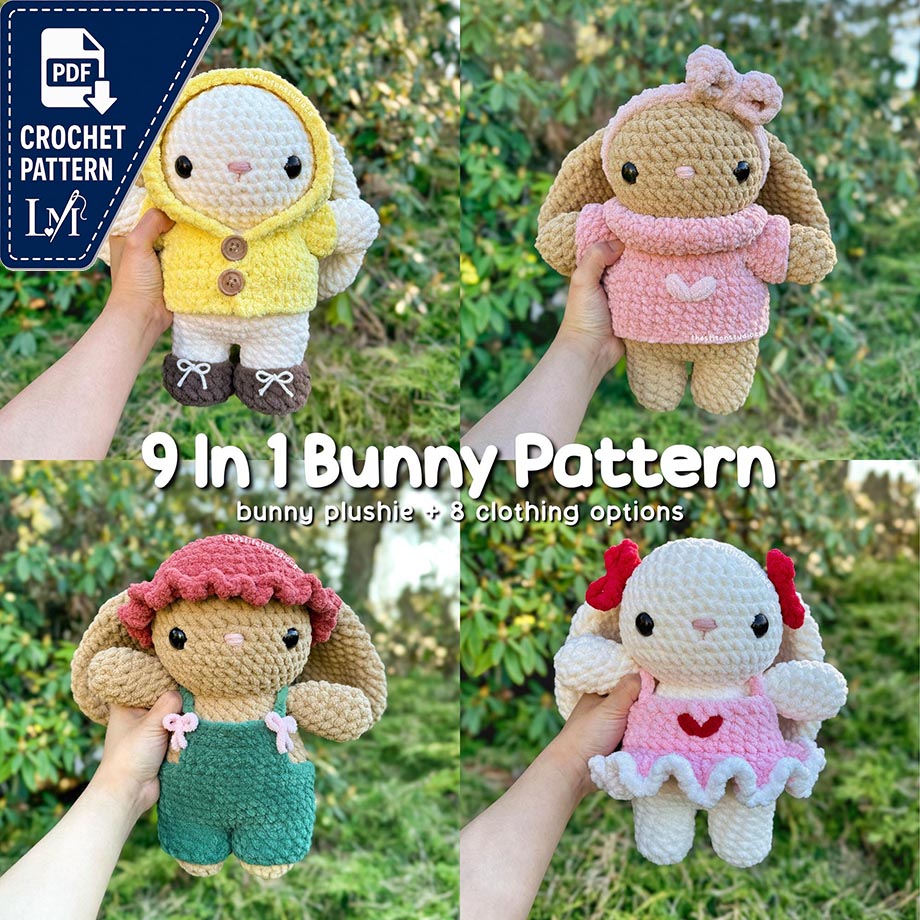 9 in 1 Bunny Plushie, Clothes & Accessories Crochet Pattern | Hat, Bow, Headband, Boots, Dress, Overalls, Sweater and Coat
